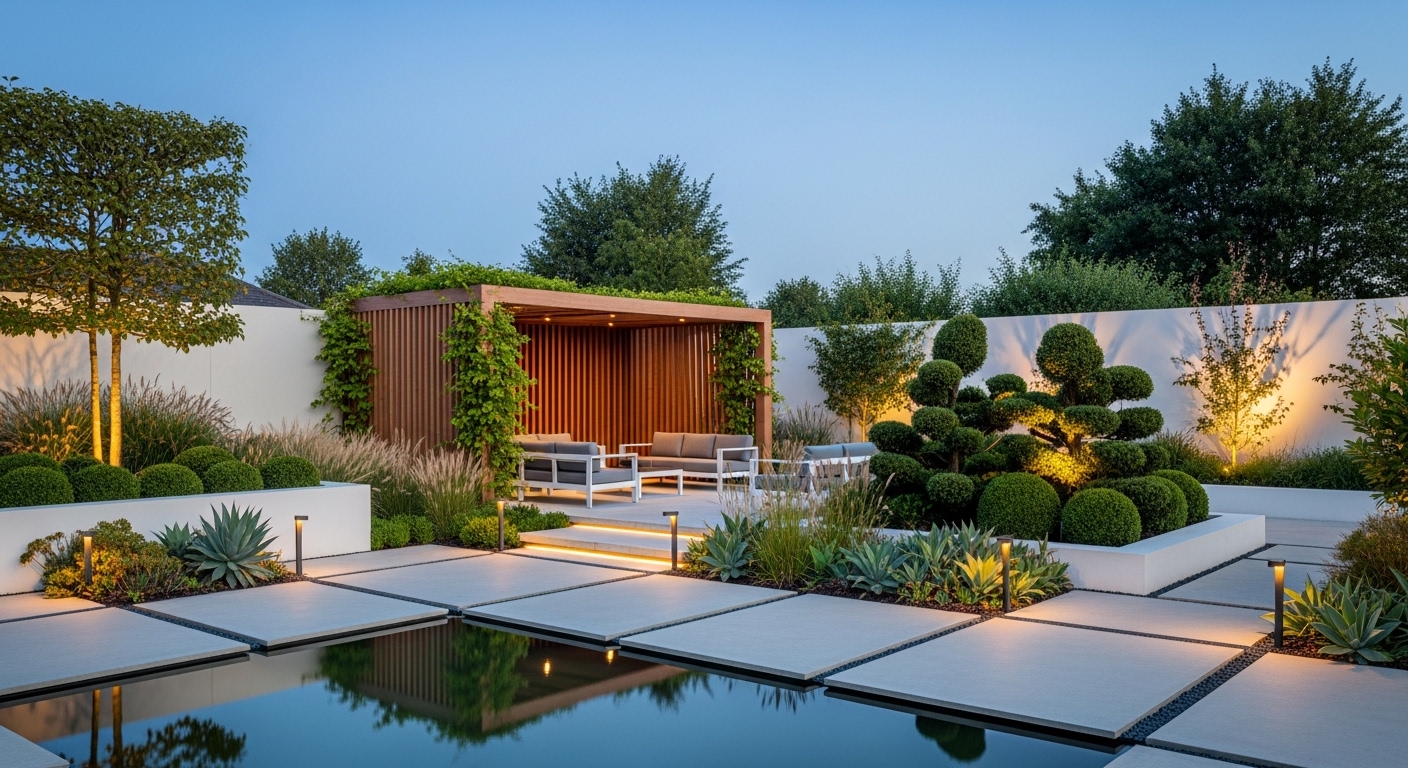 Jardim moderno com iluminação noturna